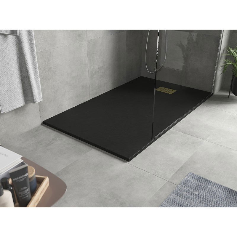 Mexen Hugo plato de ducha rectangular SMC 140 x 80 cm, negro, rejilla dorada - 42708014-G