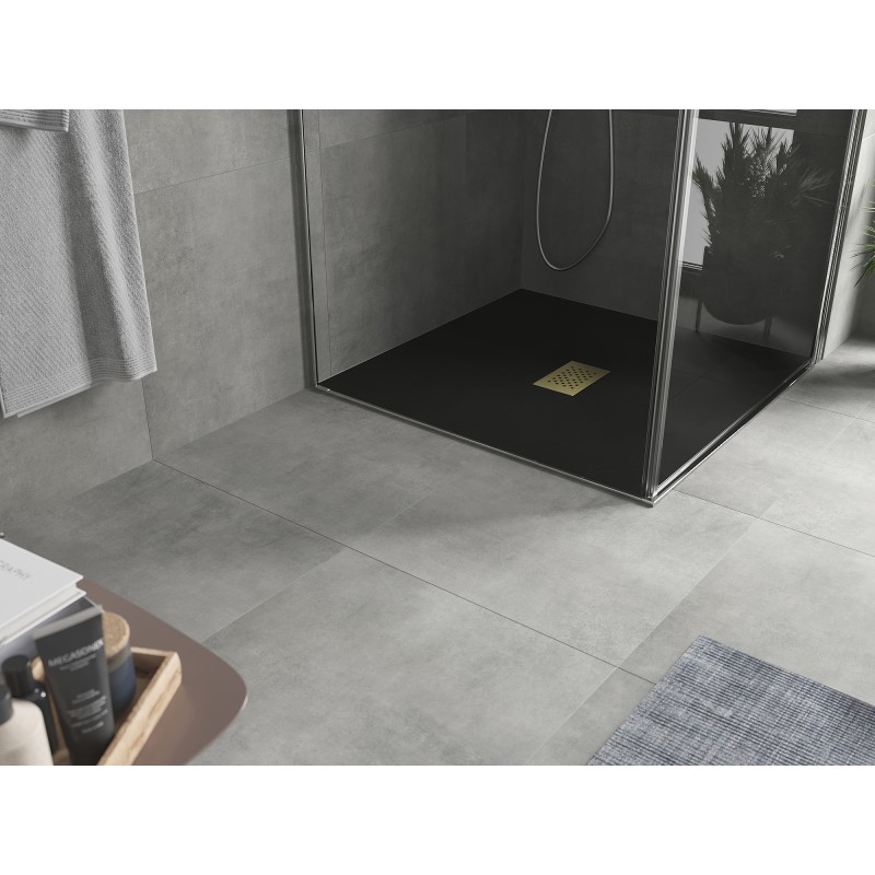 Mexen Hugo brodzik kwadratowy SMC 100 x 100 cm, czarny, maskownica złota - 42701010-G