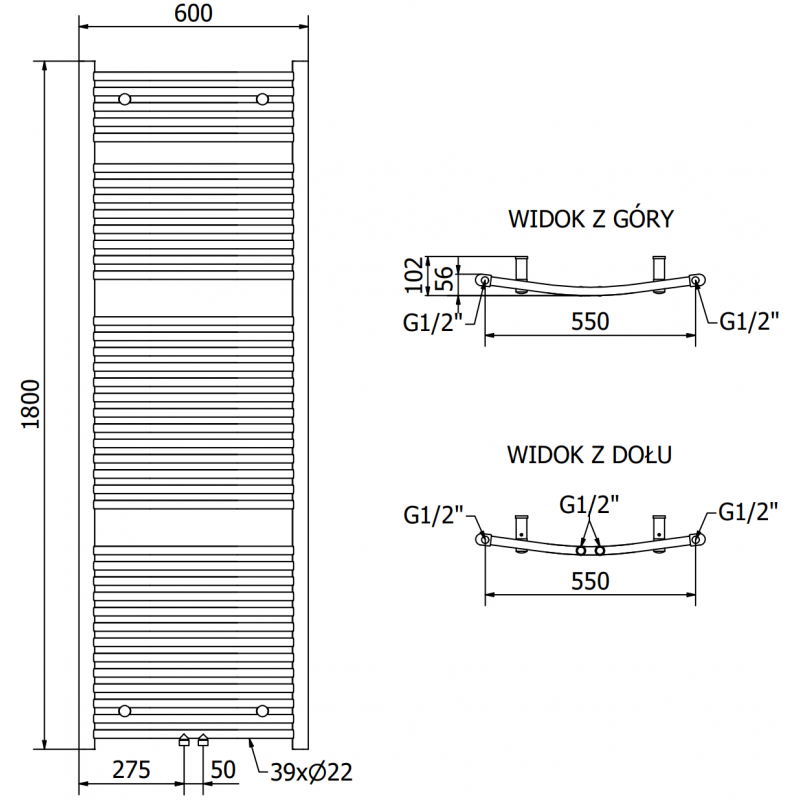 Mexen Ares elektrisk radiator 1800 x 600 mm, 1200 W, svart - W102-1800-600-6120-70