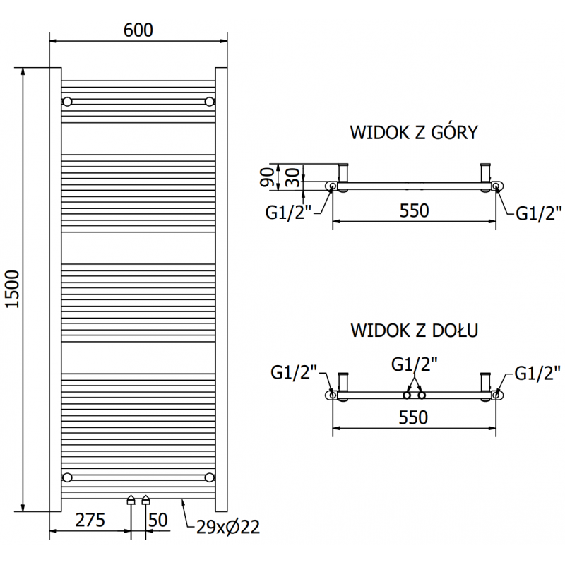 Mexen Mars aquecedor elétrico 1500 x 600 mm, 600 W, cromado - W110-1500-600-2600-01