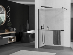 Mexen Kioto+ zidna tuš stijena s policom Walk-in 75 x 200 cm, prozirna, crna - 800-075-121-70-00