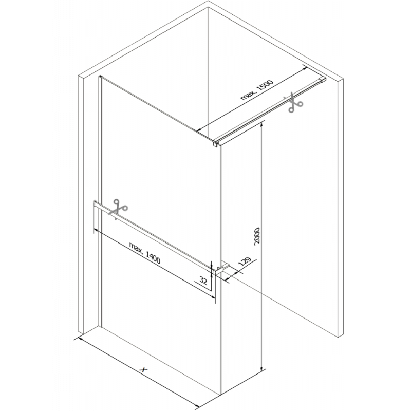 Mexen Kioto+ Duschwand mat Ablag Walk-in 140 x 200 cm, schwaarzt Muster, gun Metal - 800-140-121-95-78