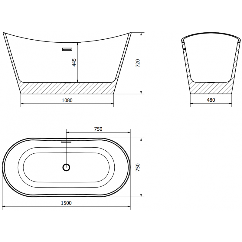Mexen Montana freistehende Badewanne 150 x 75 cm, weiß, Überlauf gold - 52011507500-50
