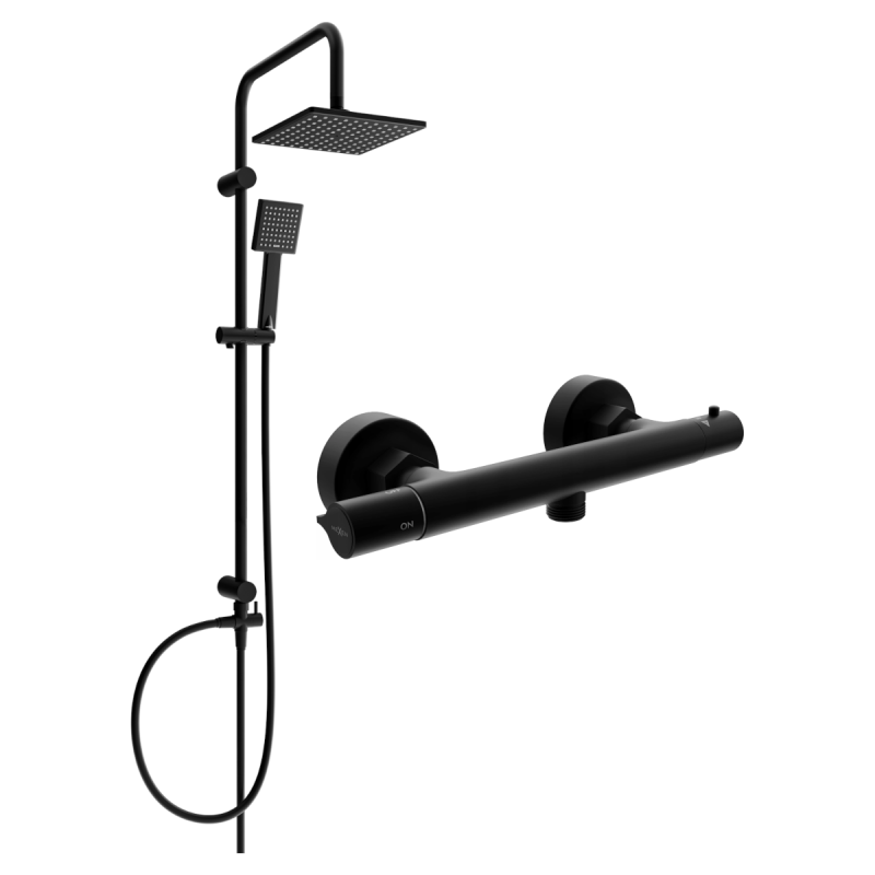 Mexen Tord exposed shower set with overhead shower and Slim thermostatic shower mixer, black - 77105200-70