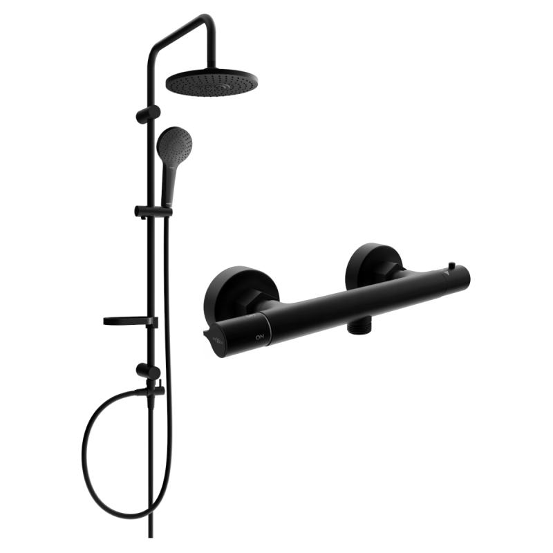 Mexen Erik conjunto de ducha sobre pared con rociador y grifo de ducha termostático Slim, negro - 77105205-70