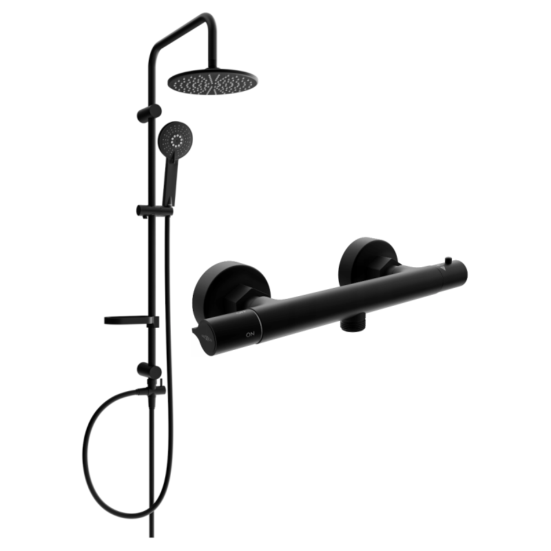 Mexen Carl Überputz-Duschset mit Regenbrause und thermostatischer Duscharmatur Slim, schwarz - 77105240-70