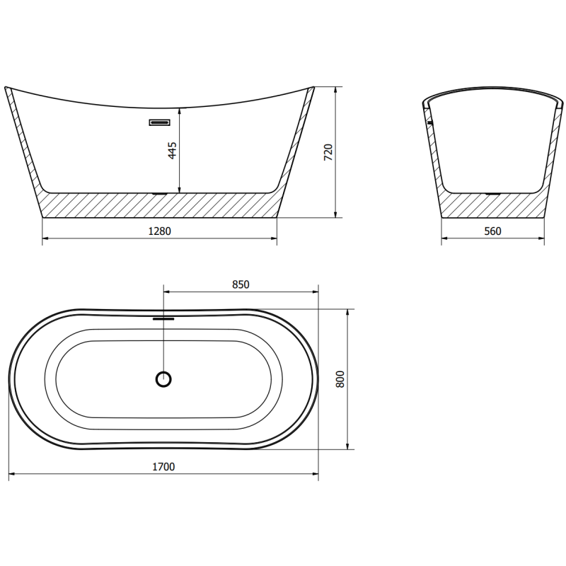 Mexen Montana freistehende Badewanne 170 x 80 cm, weiß, Überlauf Gun Metal - 52011708000-95