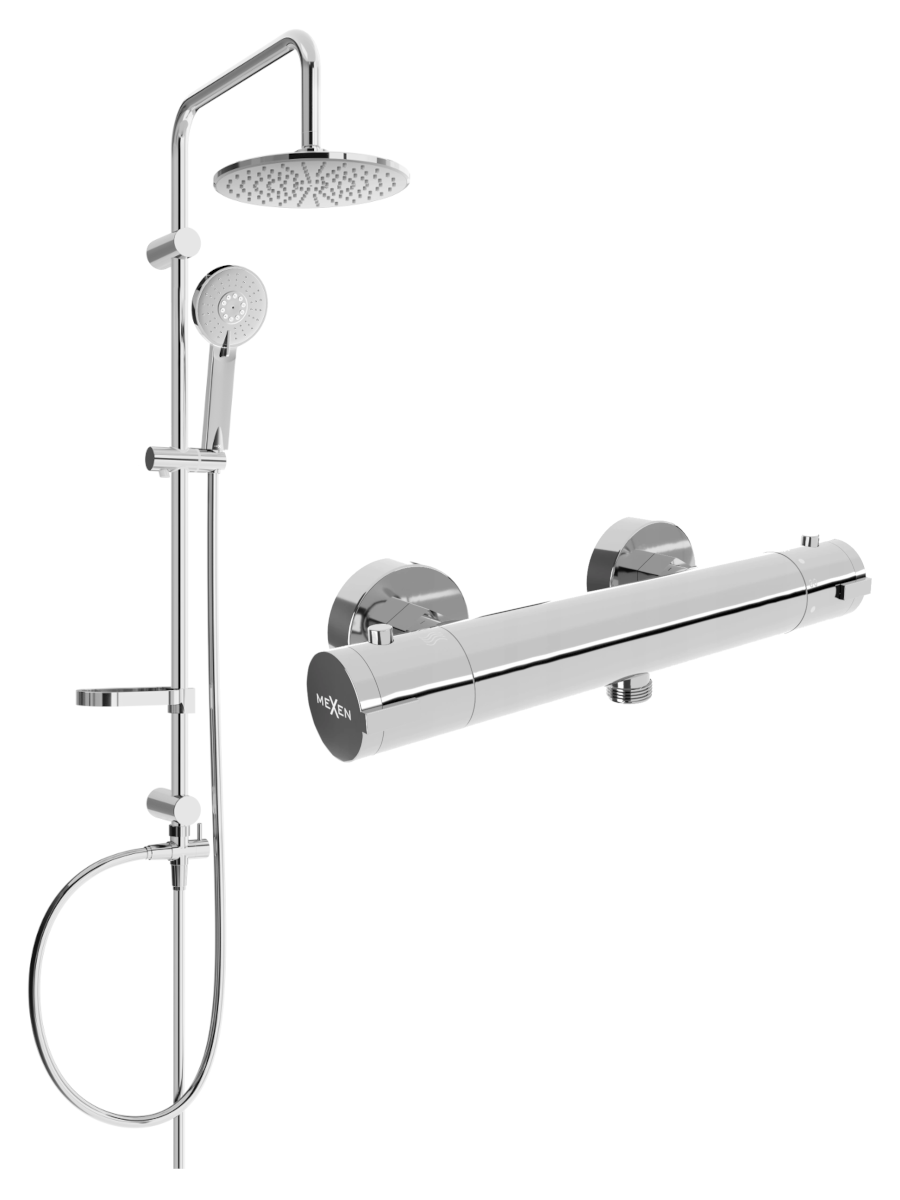 Mexen Carl zestaw prysznicowy natynkowy z deszczownicą i baterią prysznicową termostatyczną Kai, chrom - 77100240-00
