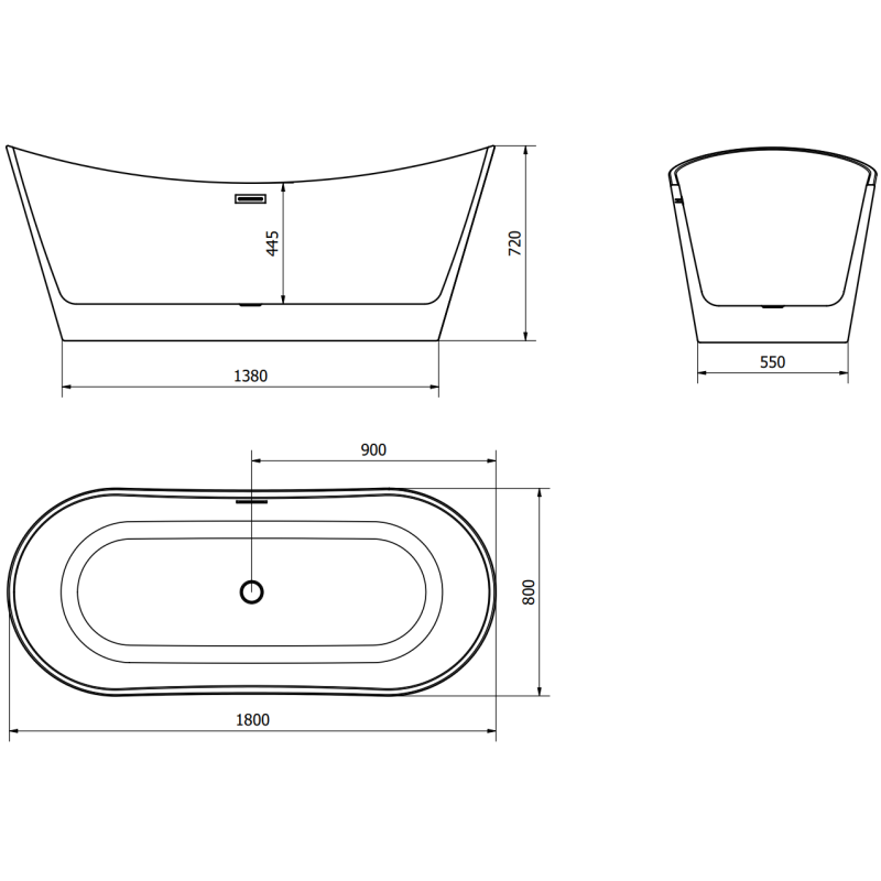 Mexen Montana 180 x 80 cm Free-Standing Bathtub, White, Gun Metal Overflow - 52011808000-95