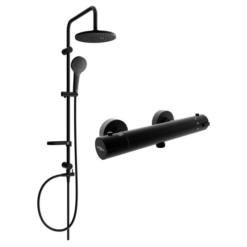 Mexen Erik Aufputz-Duschset mit Regenduschkopf und thermostatischer Duscharmatur Kai, schwarz - 77100205-70