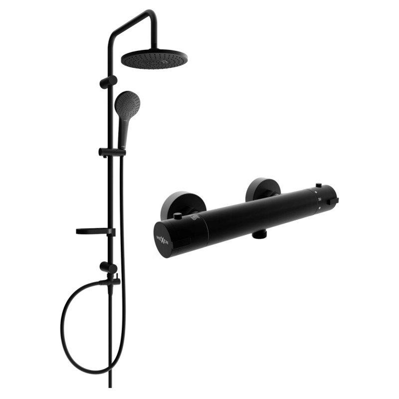 Mexen Erik ensemble de douche apparent avec pomme de douche et robinet de douche thermostatique Kai, noir - 77100205-70