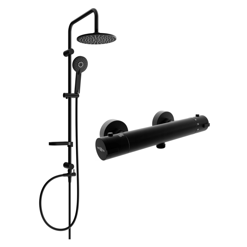 Mexen Carl Aufputz-Duschset mit Regenduschkopf und thermostatischer Duscharmatur Kai, schwarz - 77100240-70