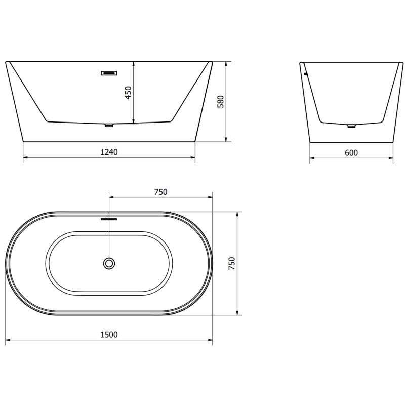 Mexen Luna vrijstaande badkuip 150 x 75 cm, wit, overloop geborsteld nikkel - 52031507500-97