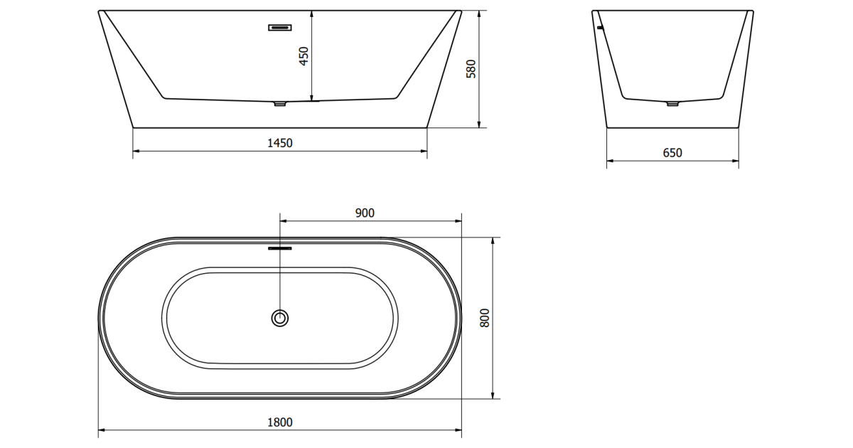 Mexen Luna wanna wolnostojąca 180 x 80 cm, biała, przelew czarny