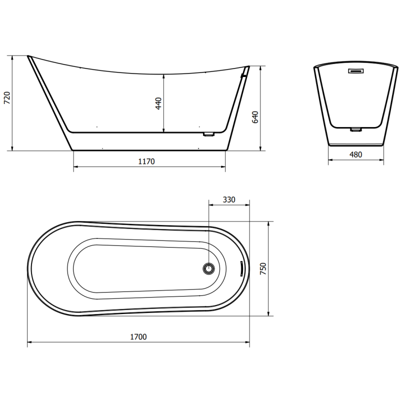 Mexen Alta vasca da bagno autoportante 170 x 75 cm, bianca, troppopieno nero - 52141707500-70