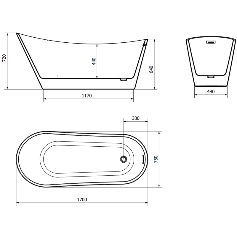 Mexen Alta freestanding bath 170 x 75 cm, white/black, brushed gun gray overflow - 52141707575-66