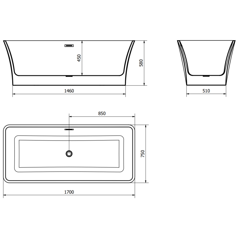 Mexen Tonia vapaasti seisova kylpyamme 170 x 75 cm, valkoinen, gun gray harjattu ylivuoto - 52171707500-66