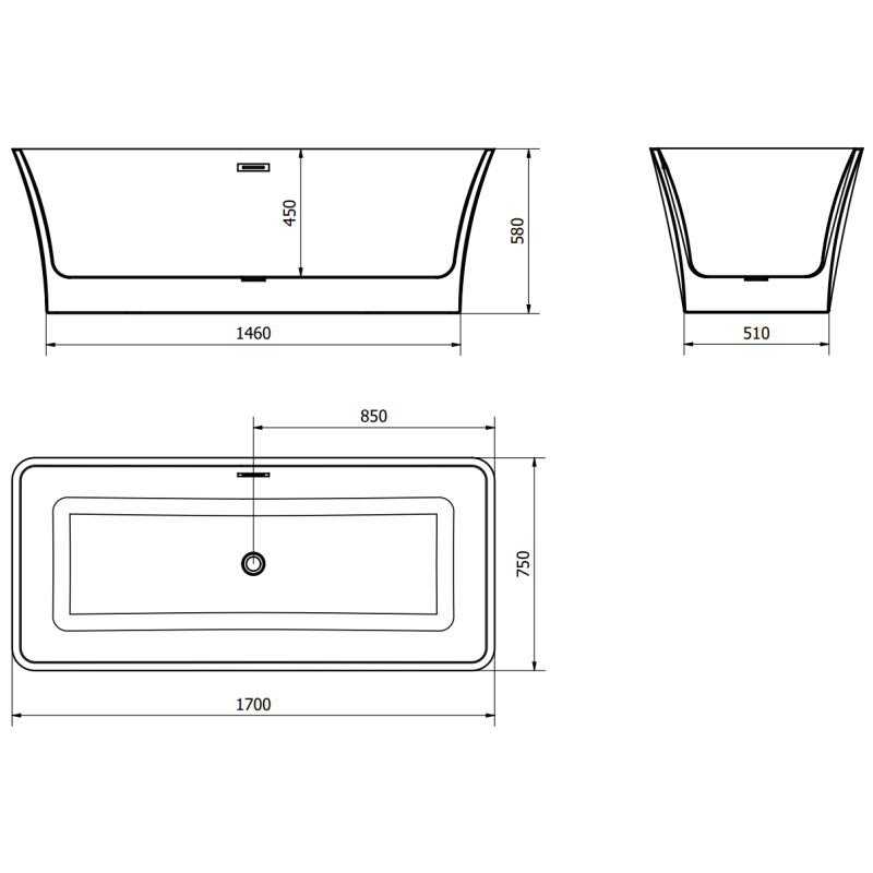 Mexen Tonia banheira autoportante 170 x 75 cm, branca/preta, transbordamento preto - 52171707575-70