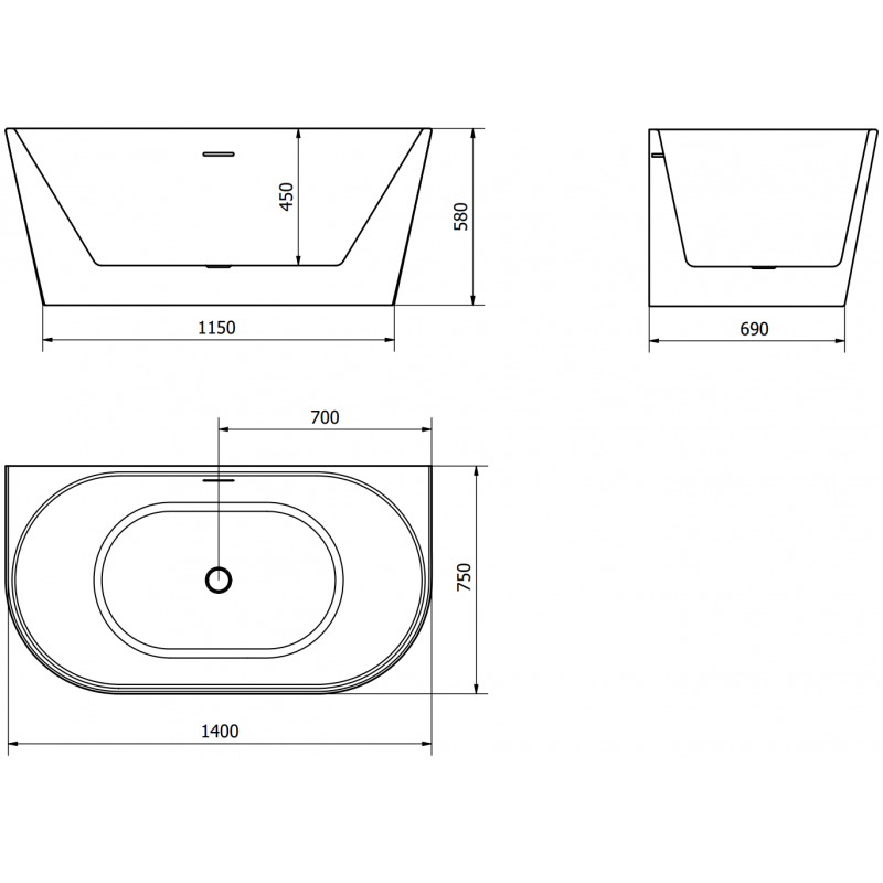 Mexen Oval banheira de parede 140 x 75 cm, branca, com transbordamento cinza escovado - 52671407500-66