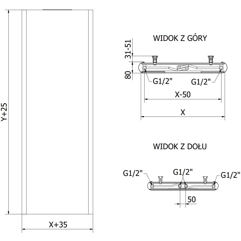 Mexen VR20S Flat plaatradiator 1800 x 500 mm, onderste centrale aansluiting, 1090 W, zwart - W6-180-050-70 - W6VR20S-180-050-70