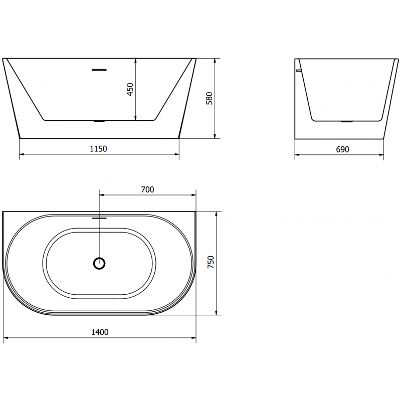 Mexen Oval vasca da bagno freestanding a parete 140 x 75 cm, bianca/nera, troppo pieno nichel spazzolato - 52671407575-97