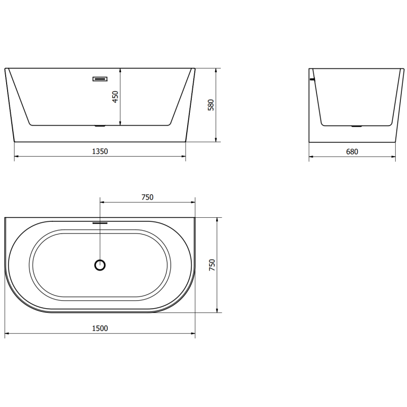 Mexen Oval banheira independente de parede 150 x 75 cm, branco/preto, transbordamento gun metal - 52671507575-95