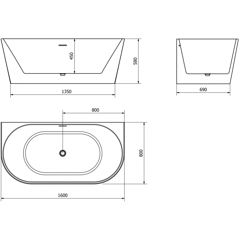 Mexen Oval fristående väggnära badkar 160 x 80 cm, vit, överflöde i borstat gun gray - 52671608000-66