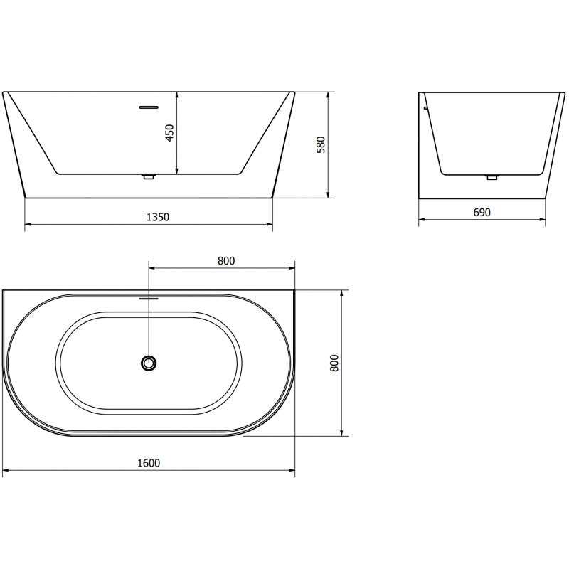 Mexen Oval baignoire autoportante semi-murale 160 x 80 cm, blanche/noire, trop-plein doré - 52671608075-50