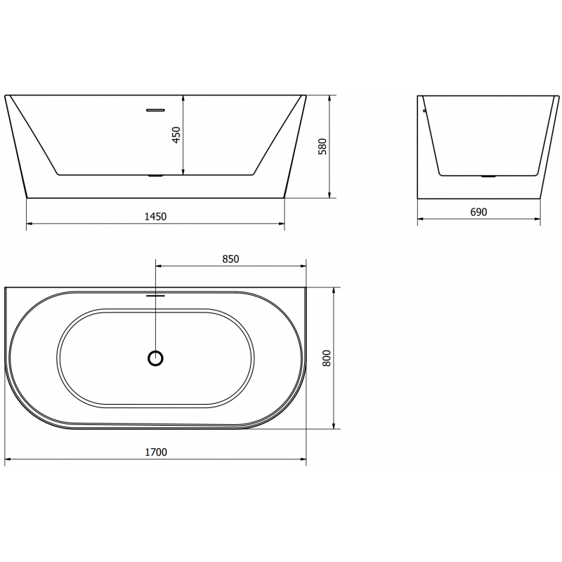 Mexen Oval fristående badkar vid väggen 170 x 80 cm, vit/svart, guldöverfyllning - 52671708075-50