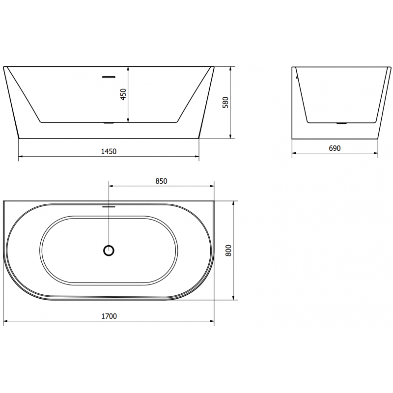 Mexen Oval freestanding wall-mounted bath 170 x 80 cm, white/black, brushed nickel overflow - 52671708075-97
