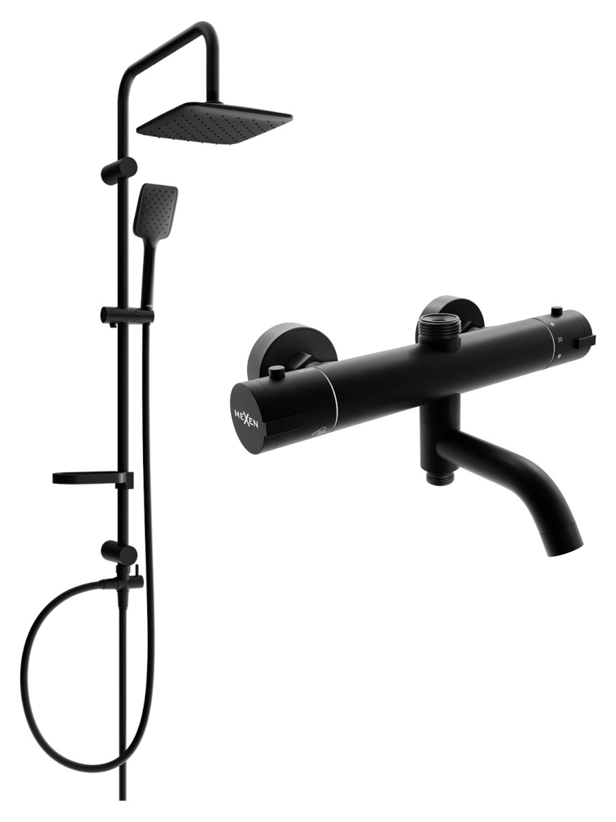 Mexen Sven zestaw wannowo-prysznicowy z deszczownicą i baterią wannowo-prysznicową termostatyczną Kai, czarny - 77900262-70