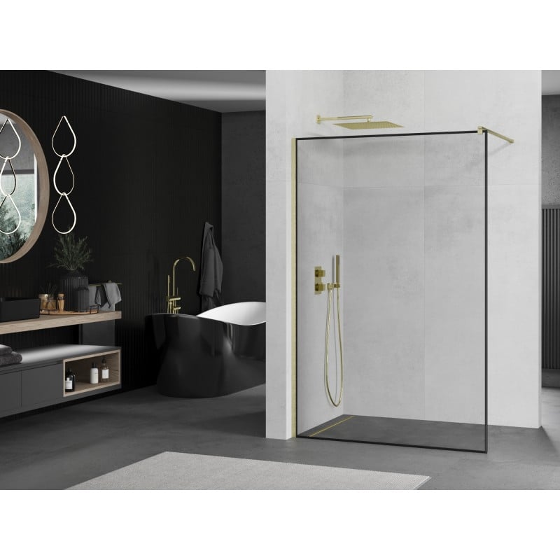 Mexen Kioto ścianka prysznicowa Walk-in 60 x 200 cm, czarna ramka 8 mm, złota szczotkowana - 800-060-101-55-70