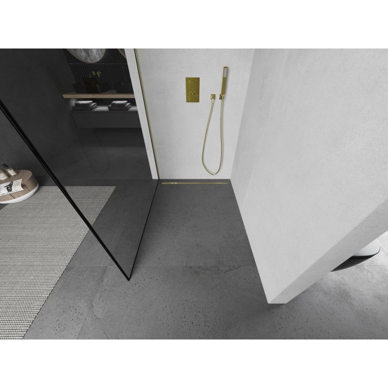 Mexen Kioto mampara de ducha Walk-in 70 x 200 cm, marco negro 8 mm, oro cepillado - 800-070-101-55-70