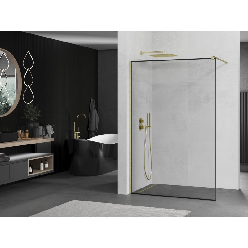 Mexen Kioto ścianka prysznicowa Walk-in 100 x 200 cm, czarna ramka 8 mm, złota szczotkowana - 800-100-101-55-70