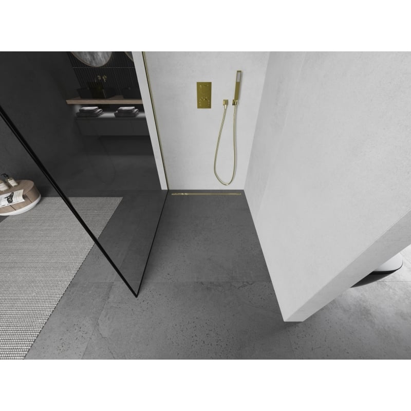 Mexen Kioto dušisein Walk-in 140 x 200 cm, must raam 8 mm, kuldne harjatud - 800-140-101-55-70