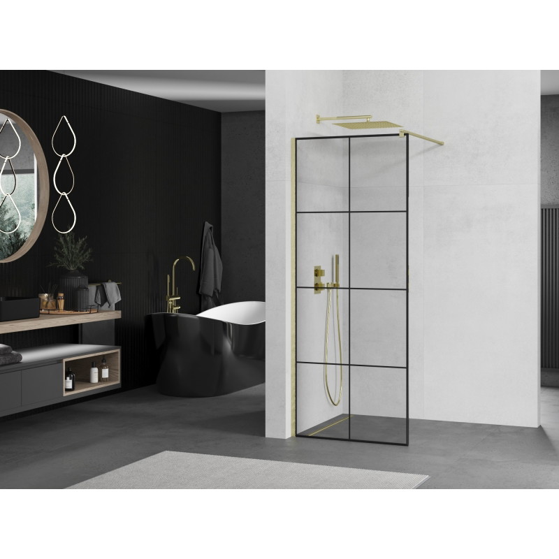 Mexen Kioto dušisein Walk-in 90 x 200 cm, must ruudustik 8 mm, kuldne harjatud - 800-090-101-55-77