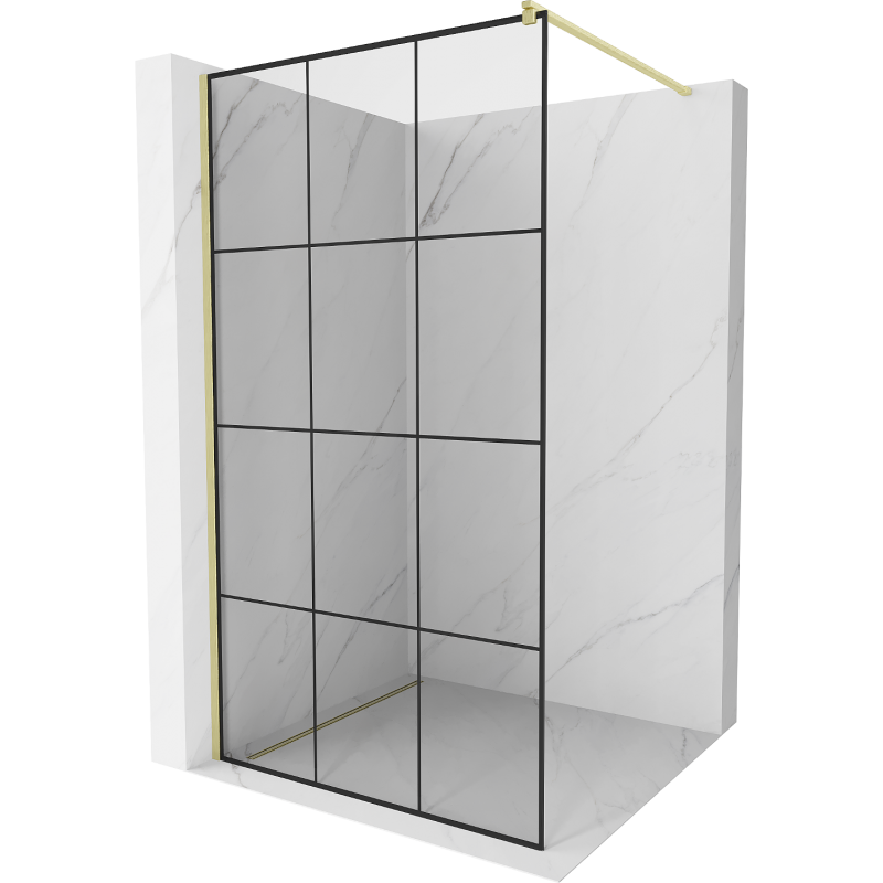 Mexen Kioto Walk-in shower wall 100 x 200 cm, black grid 8 mm, brushed gold - 800-100-101-55-77