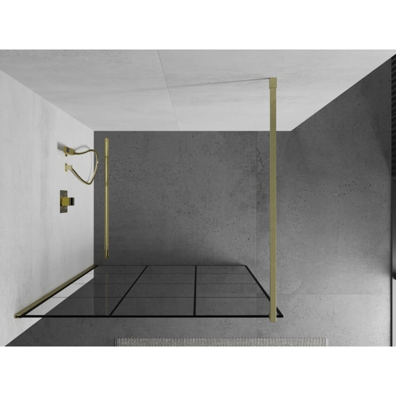Mexen Kioto Walk-in shower wall 100 x 200 cm, black grid 8 mm, brushed gold - 800-100-101-55-77