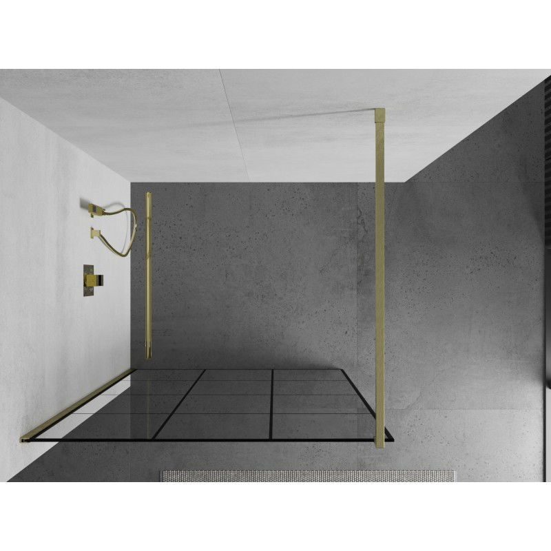 Mexen Kioto Duschwand Walk-in 110 x 200 cm, schwarzes Gitter 8 mm, gebürstetes Gold - 800-110-101-55-77