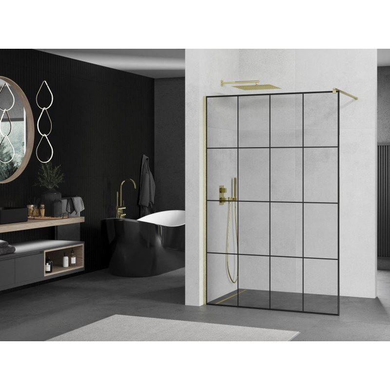 Mexen Kioto ścianka prysznicowa Walk-in 130 x 200 cm, czarna kratka 8 mm, złota szczotkowana - 800-130-101-55-77