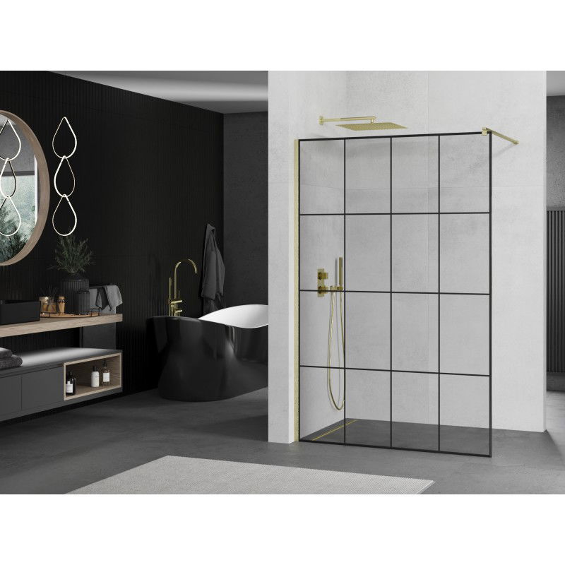 Mexen Kioto parete doccia Walk-in 160 x 200 cm, griglia nera 8 mm, oro spazzolato - 800-160-101-55-77