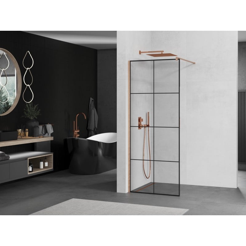 Mexen Kioto ścianka prysznicowa Walk-in 70 x 200 cm, czarna kratka 8 mm, miedź szczotkowana - 800-070-101-65-77