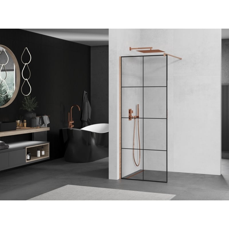 Mexen Kioto dušisein Walk-in 90 x 200 cm, must ruudustik 8 mm, harjatud vask - 800-090-101-65-77