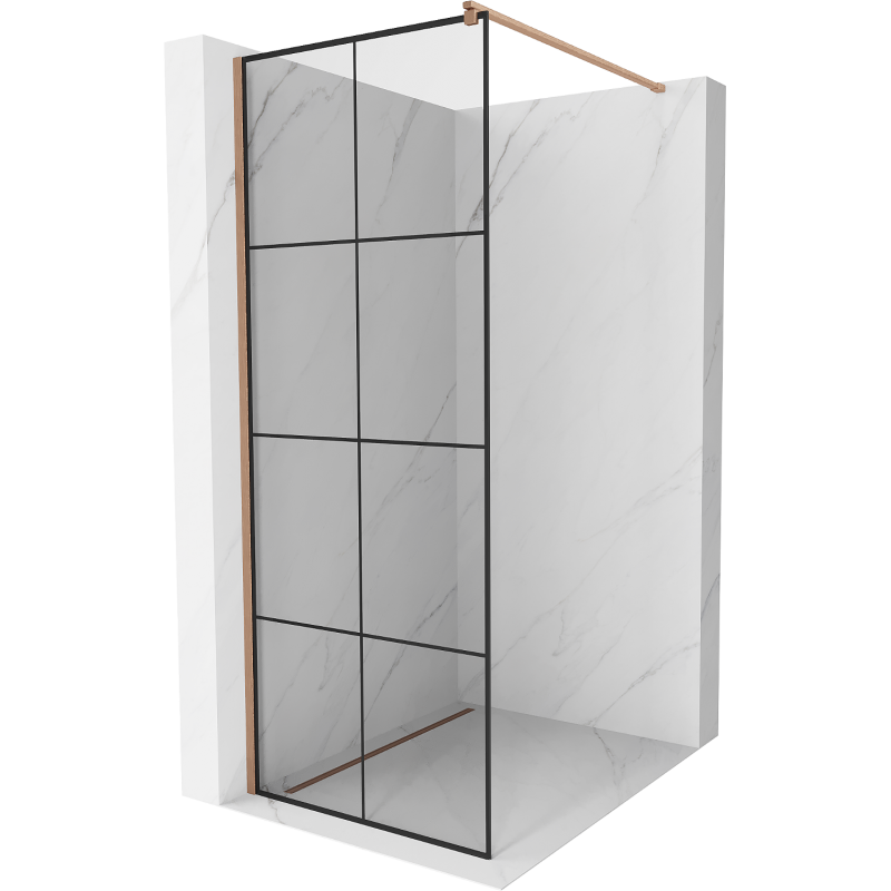 Mexen Kioto Duschwand Walk-in 90 x 200 cm, schwarzes Gitter 8 mm, gebürstetes Kupfer - 800-090-101-65-77