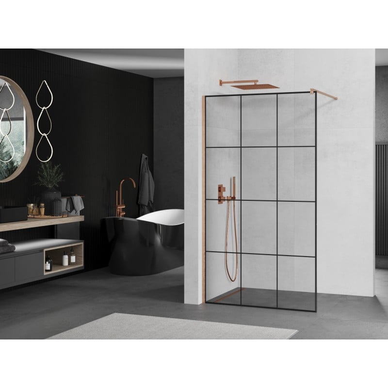 Mexen Kioto ścianka prysznicowa Walk-in 110 x 200 cm, czarna kratka 8 mm, miedź szczotkowana - 800-110-101-65-77