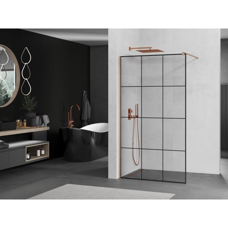 Mexen Kioto ścianka prysznicowa Walk-in 120 x 200 cm, czarna kratka 8 mm, miedź szczotkowana - 800-120-101-65-77