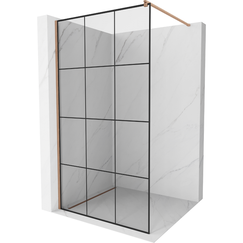 Mexen Kioto Duschwand Walk-in 120 x 200 cm, schwarzes Raster 8 mm, gebürstetes Kupfer - 800-120-101-65-77