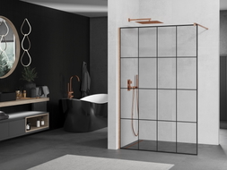 Mexen Kioto zidni panel za tuš Walk-in 130 x 200 cm, crna rešetka 8 mm, brušeni bakar - 800-130-101-65-77