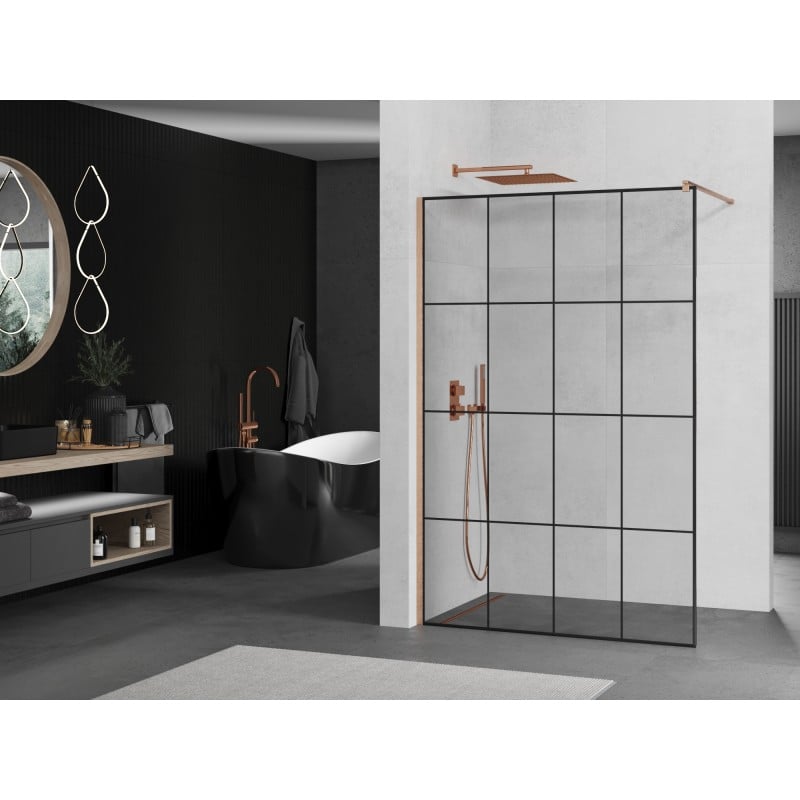 Mexen Kioto ścianka prysznicowa Walk-in 140 x 200 cm, czarna kratka 8 mm, miedź szczotkowana - 800-140-101-65-77