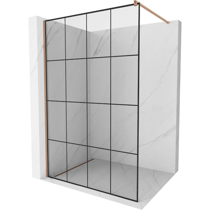 Mexen Kioto shower wall Walk-in 140 x 200 cm, black grid 8 mm, brushed copper - 800-140-101-65-77